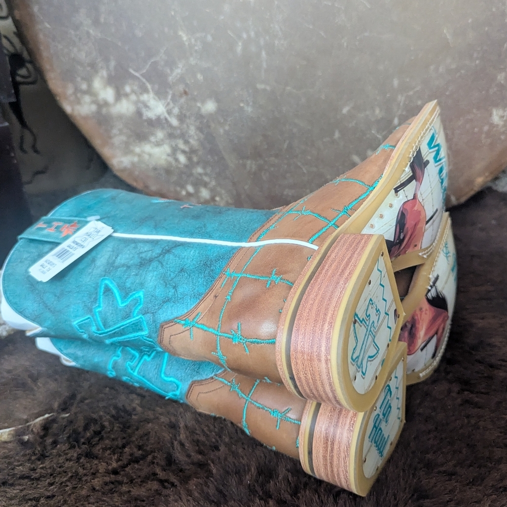 TIN HAUL "Barb'd Wire" turquoise & brown leather square toe cowgirl boots sz 7.5 - Picture 13 of 16